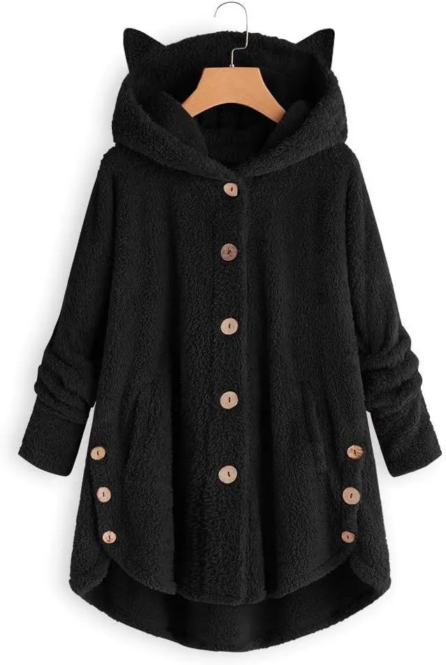 Women's Winter Fuzzy Fleece Jacket Cute Cat Ears Zip Up Cardigan Coats Oversized Fluffy Sherpa Outerwear