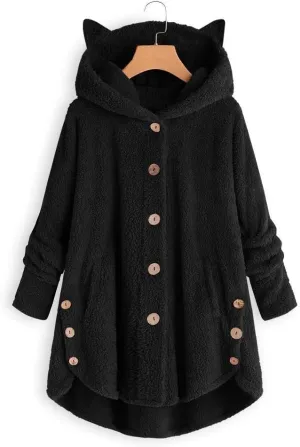 Women's Winter Fuzzy Fleece Jacket Cute Cat Ears Zip Up Cardigan Coats Oversized Fluffy Sherpa Outerwear