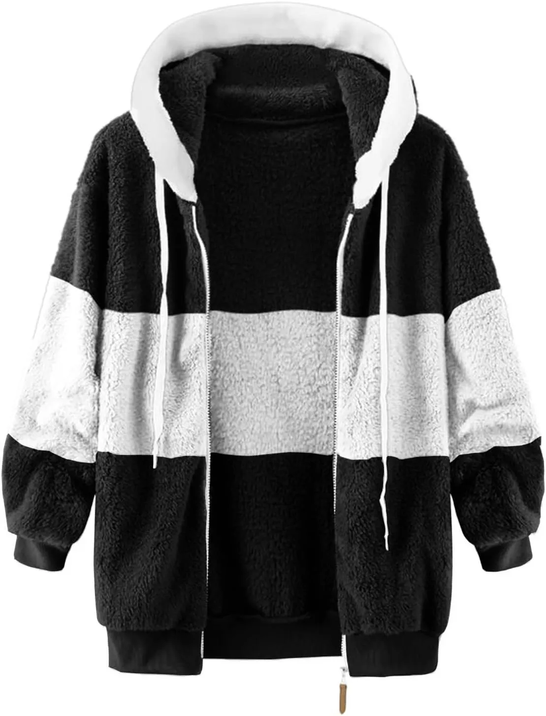 Womens Winter Fuzzy Fleece Jacket Hooded Color Block Patchwork Zip Up Cardigan Coats Outerwear with Pockets