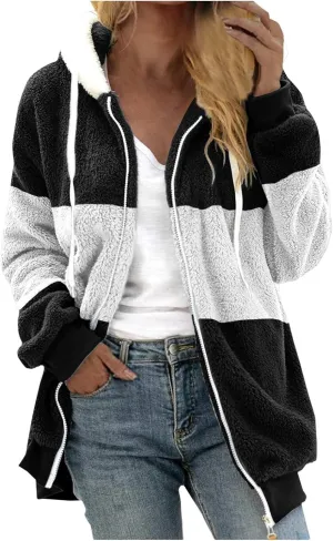 Womens Winter Fuzzy Fleece Jacket Hooded Color Block Patchwork Zip Up Cardigan Coats Outerwear with Pockets