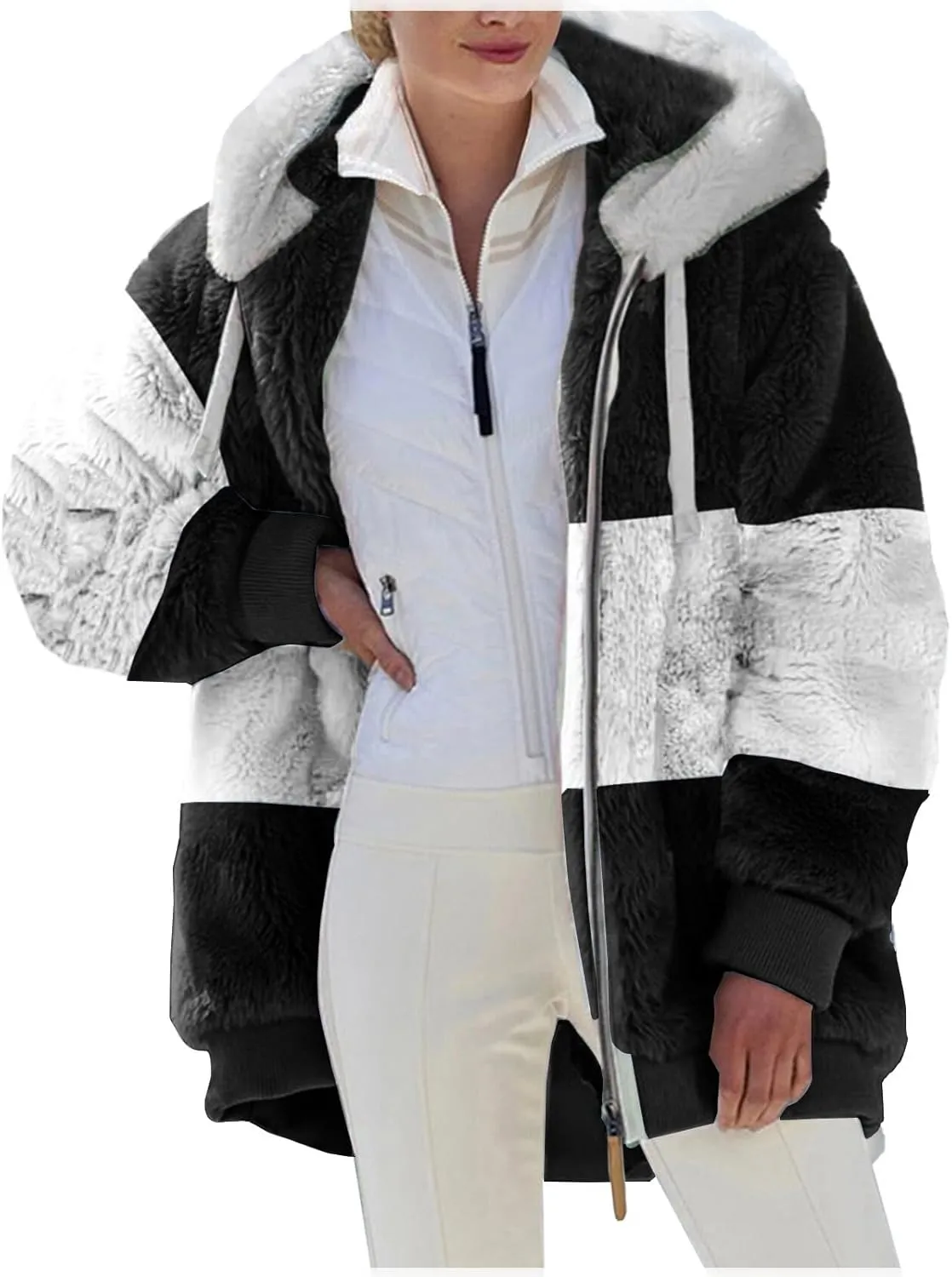 Womens Winter Fuzzy Fleece Jacket Hooded Color Block Patchwork Zip Up Cardigan Coats Outerwear with Pockets