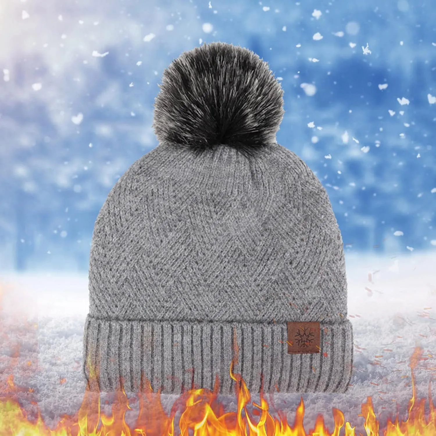 Womens Winter Knitted Hat Chunky Cable Knit Pompom Warm Hat Soft Washed Warm Hat