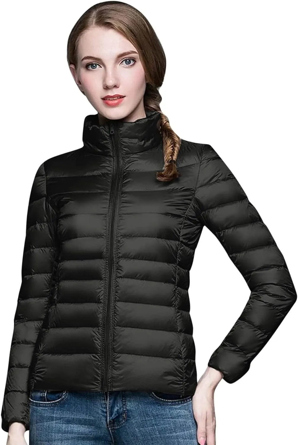 Womens Winter Lightweight Warm Puffer Jacket Fashion Cropped Zipper Down Coat Casual Solid Long Sleeve Quilted Outwear