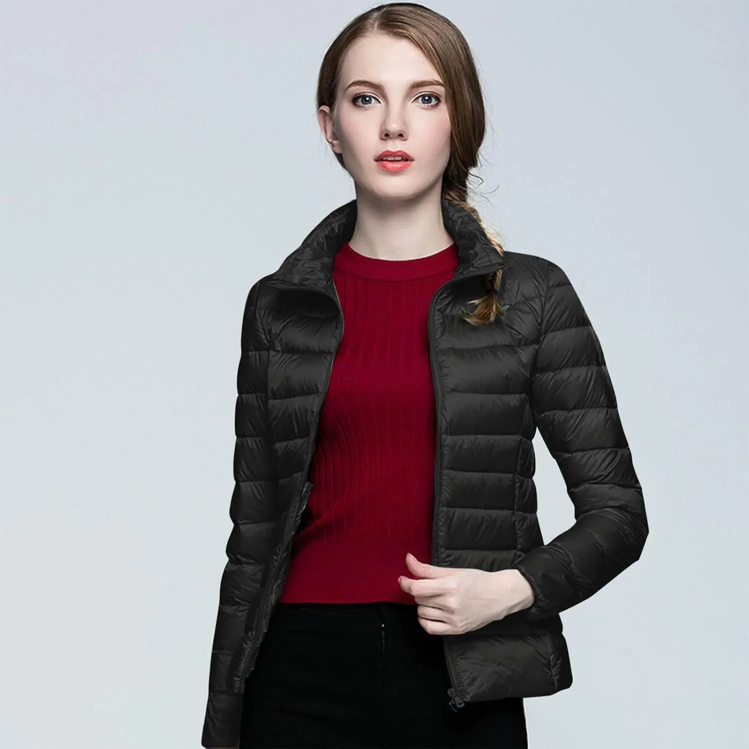 Womens Winter Lightweight Warm Puffer Jacket Fashion Cropped Zipper Down Coat Casual Solid Long Sleeve Quilted Outwear