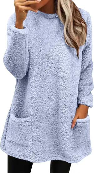 Women's Winter Warm Fleece Lined Sweatshirt, Oversized Fuzzy Outerwear, Long Sleeve Sherpa Tunic Tops with Leggings