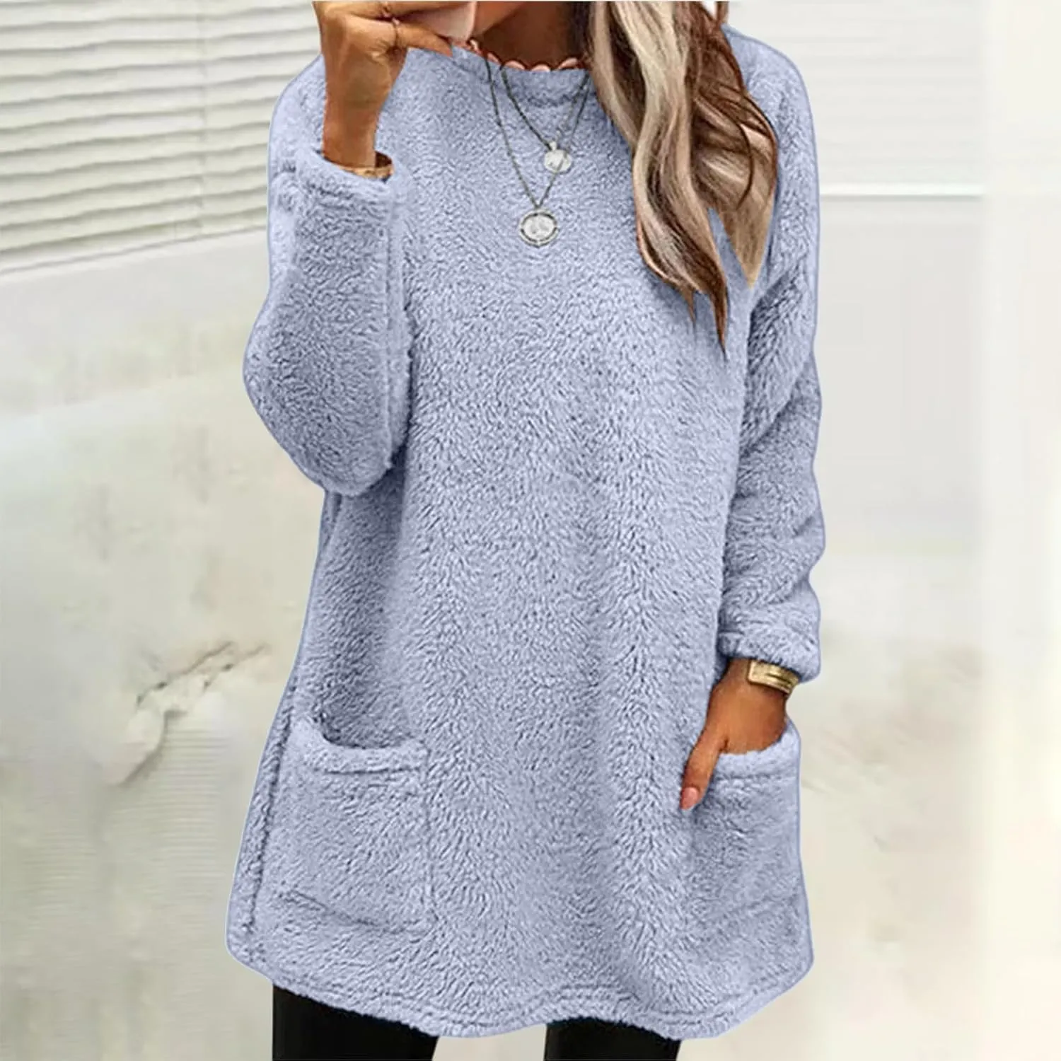 Women's Winter Warm Fleece Lined Sweatshirt, Oversized Fuzzy Outerwear, Long Sleeve Sherpa Tunic Tops with Leggings