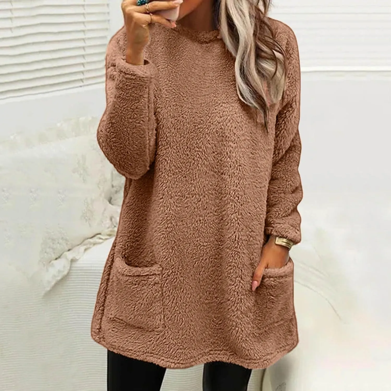 Women's Winter Warm Fleece Lined Sweatshirt, Oversized Fuzzy Outerwear, Long Sleeve Sherpa Tunic Tops with Leggings