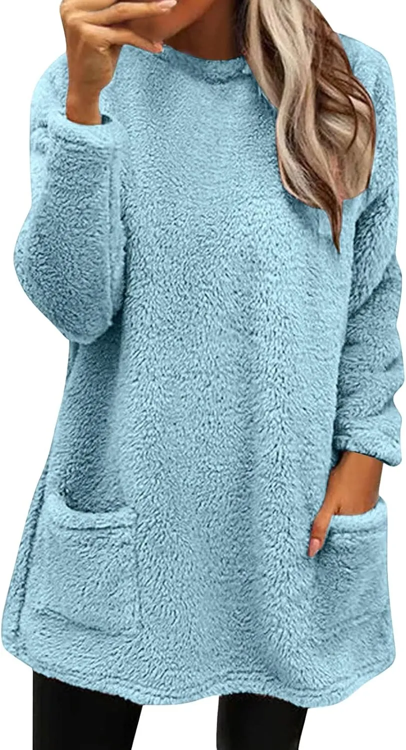 Women's Winter Warm Fleece Lined Sweatshirt, Oversized Fuzzy Outerwear, Long Sleeve Sherpa Tunic Tops with Leggings