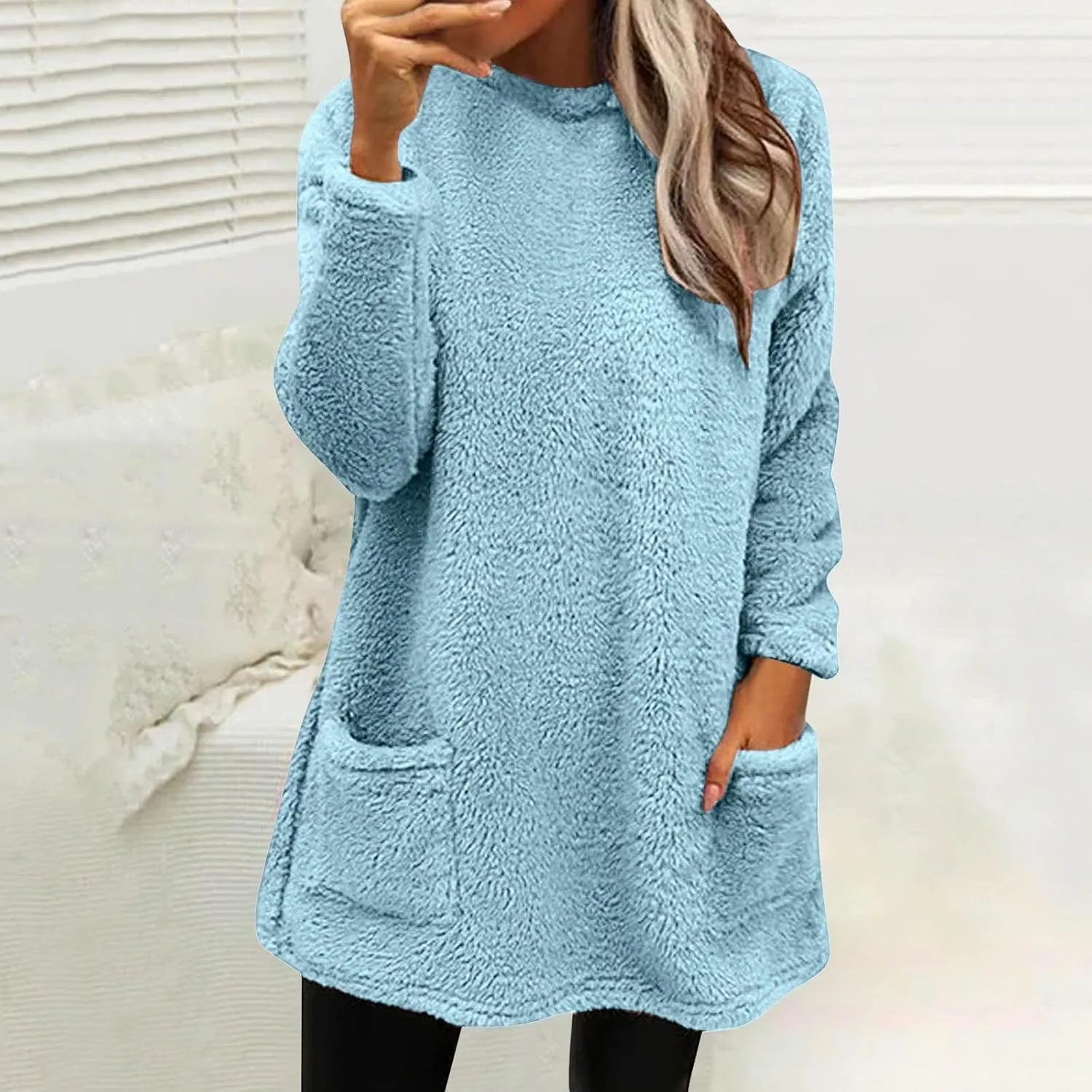 Women's Winter Warm Fleece Lined Sweatshirt, Oversized Fuzzy Outerwear, Long Sleeve Sherpa Tunic Tops with Leggings
