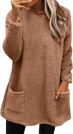 Women's Winter Warm Fleece Lined Sweatshirt, Oversized Fuzzy Outerwear, Long Sleeve Sherpa Tunic Tops with Leggings