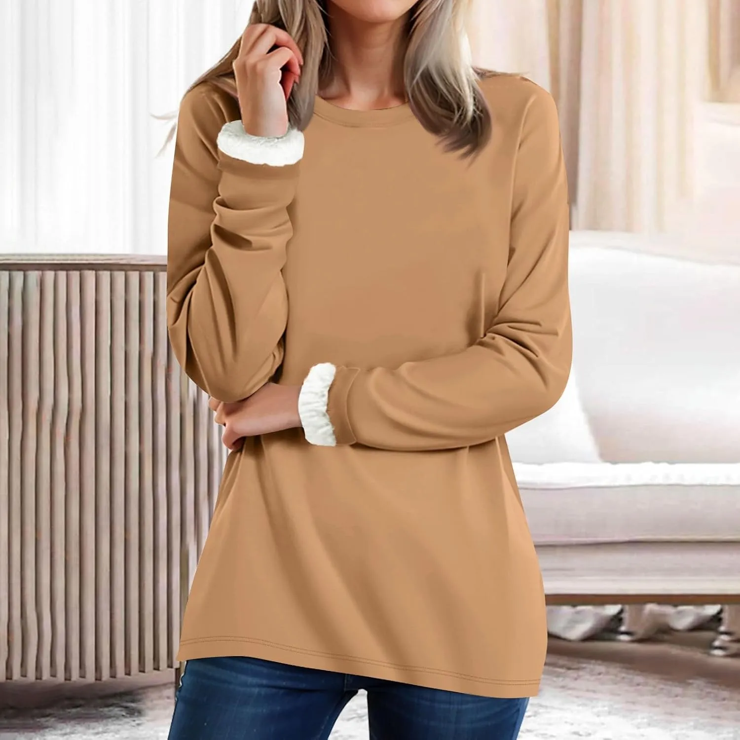 Women's Winter Warm Sherpa Lined Fleece Crewneck Pullover Sweatshirt Loungewear Tunic Tops Underwear