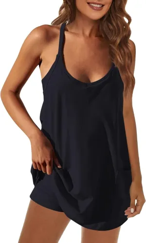 Womens Workout Romper Dress with Shorts 2 Pieces Sets Casual Vacation Sleeveless Spaghetti Straps Outfits 2025