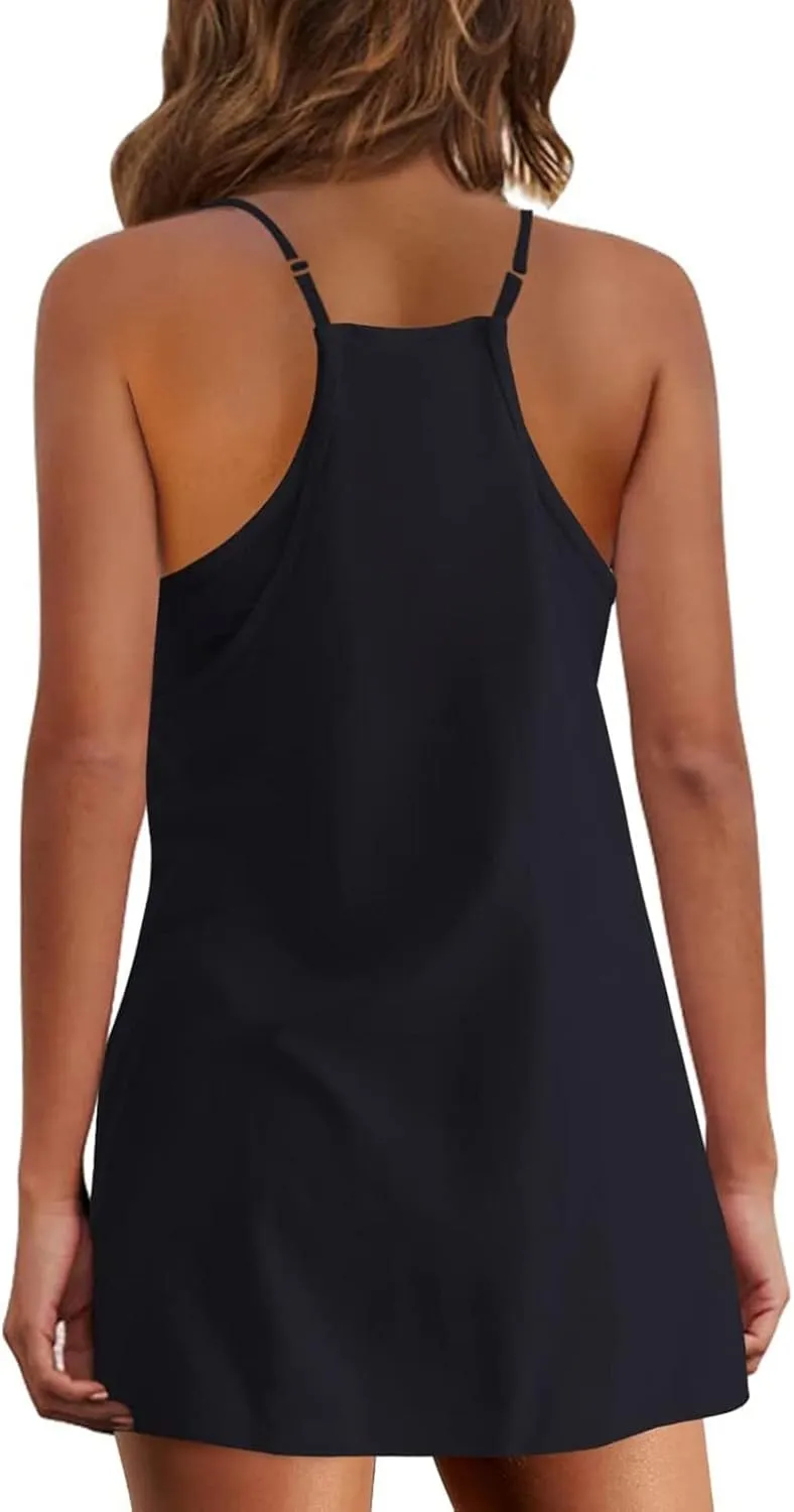 Womens Workout Romper Dress with Shorts 2 Pieces Sets Casual Vacation Sleeveless Spaghetti Straps Outfits 2025