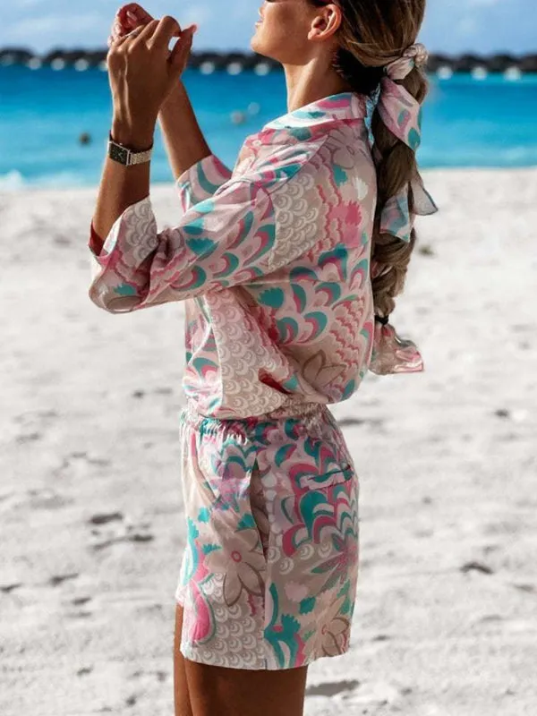 Women’s woven flower holiday style casual long-sleeved shorts two-piece set