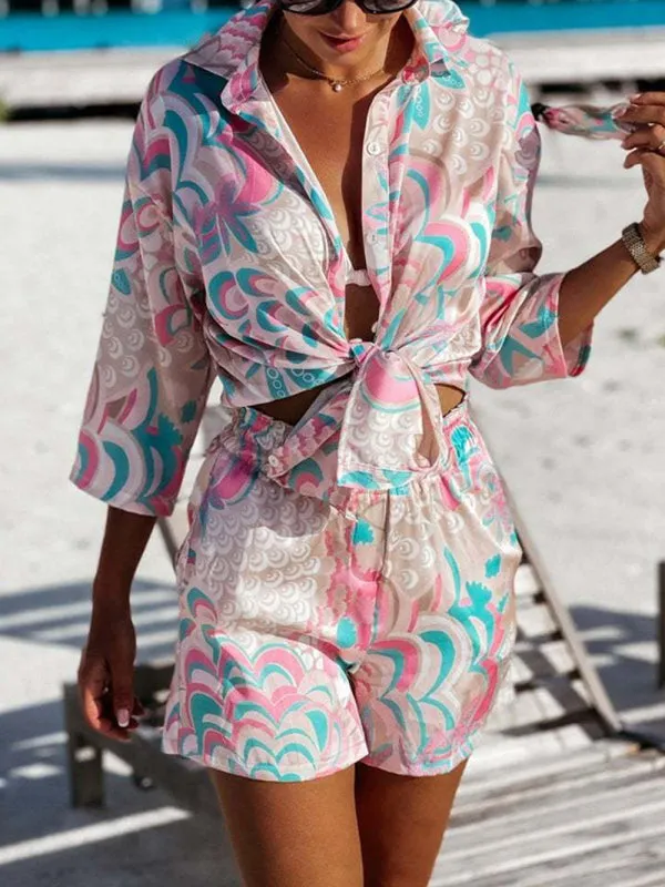 Women’s woven flower holiday style casual long-sleeved shorts two-piece set