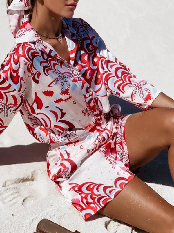 Women’s woven flower holiday style casual long-sleeved shorts two-piece set