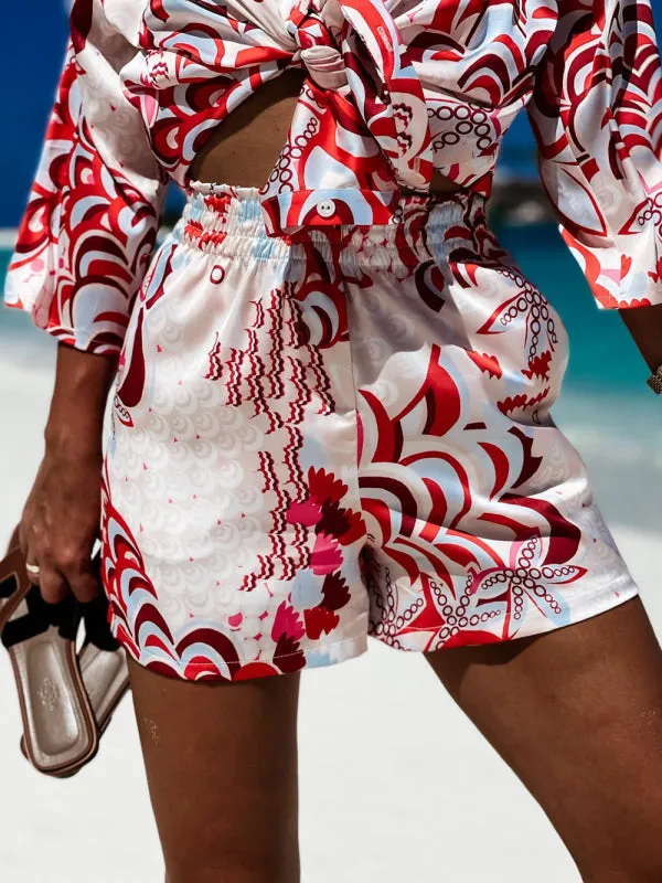 Women’s woven flower holiday style casual long-sleeved shorts two-piece set