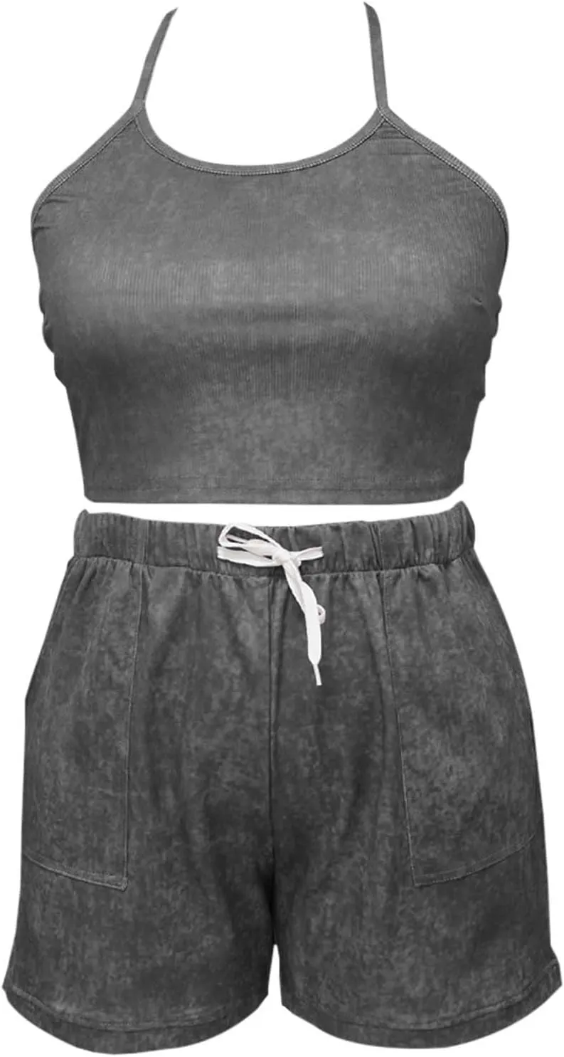 Women's Y2K Summer Two Piece Outfits Strappy Camisole & Hot Shorts Set 2025 Trendy Plus Size Lounge Wear