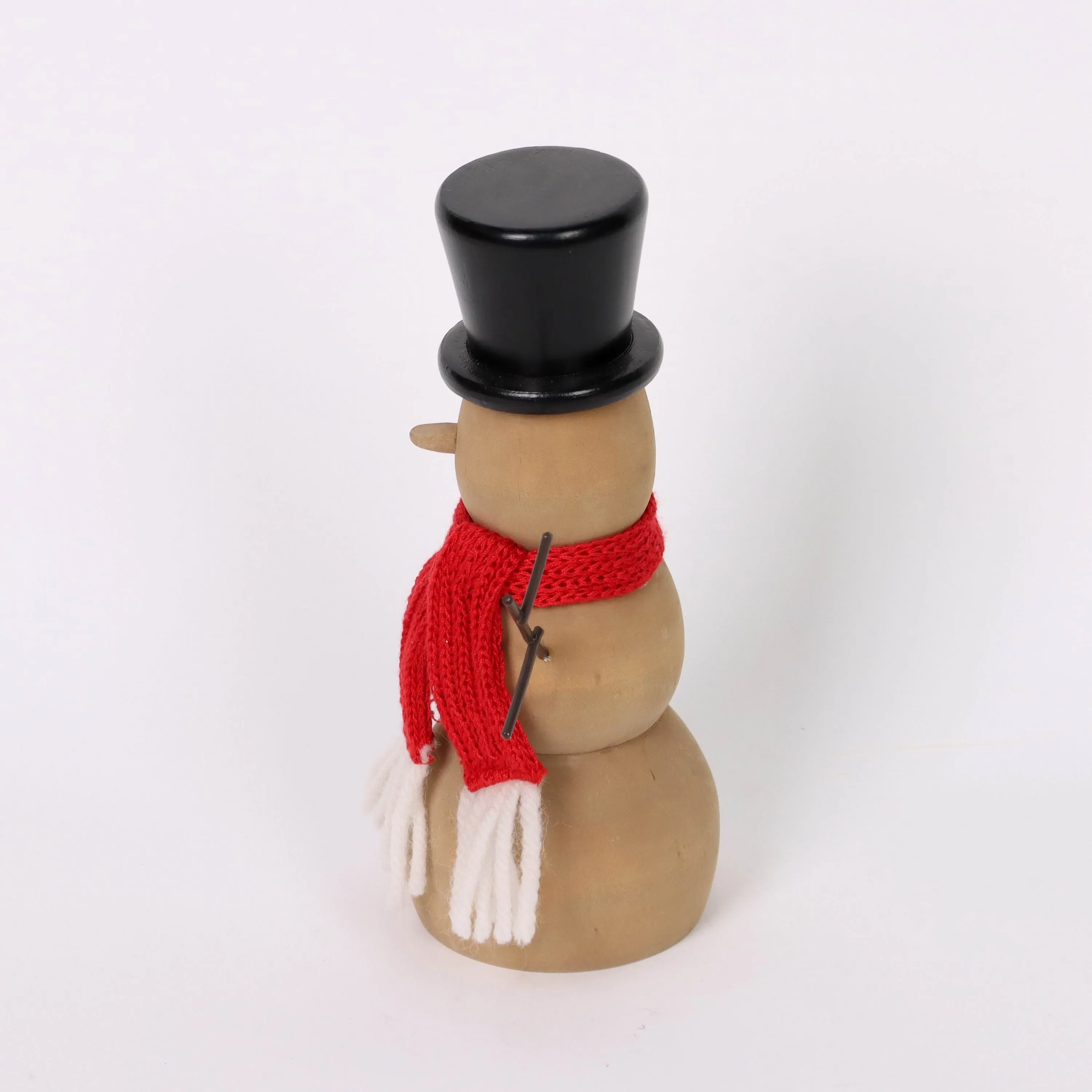 Wooden snowman with red knitted scarf