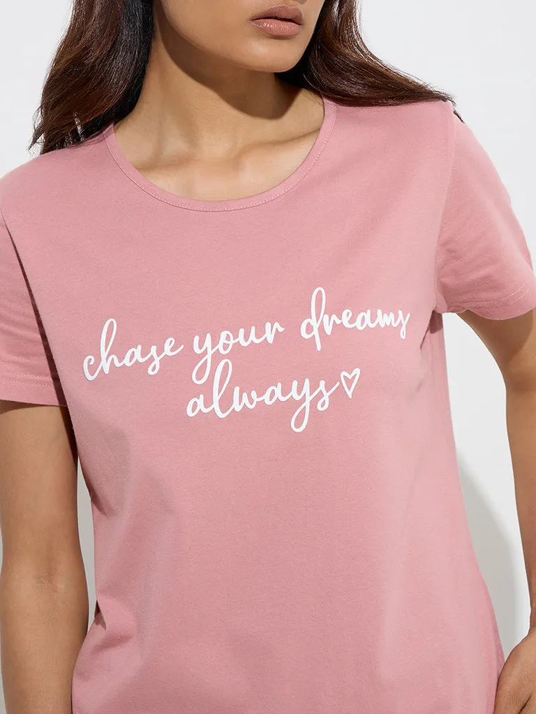 Wunderlove Blush Pink Text Printed Cotton T-Shirt