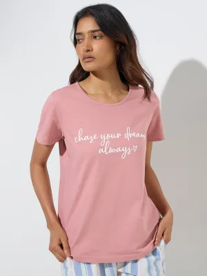 Wunderlove Blush Pink Text Printed Cotton T-Shirt