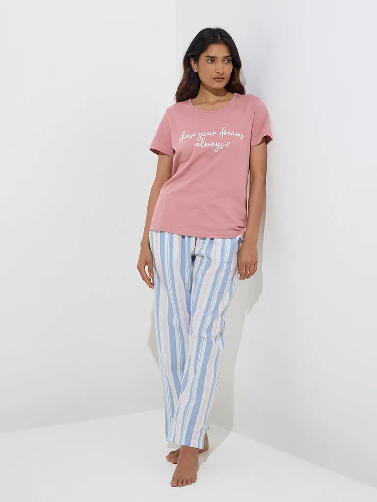 Wunderlove Blush Pink Text Printed Cotton T-Shirt