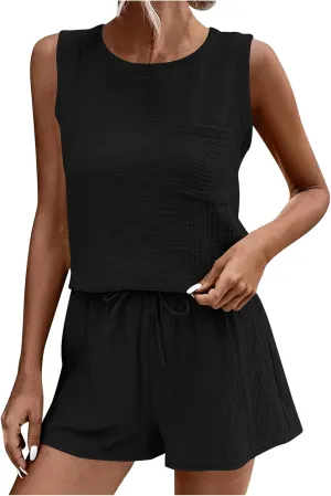WYTong 2 Piece Outfits for Women Matching Cap Sleeve Tops and Elastic Waisted Shorts Lounge Sets for Summer Loungewear