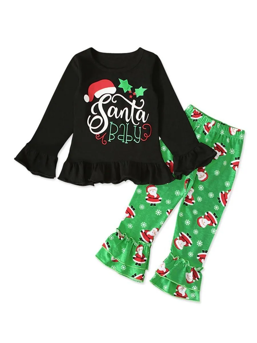 XMAS 2-Piece Toddler Girl Santa Baby Frilled Top Matching Bell Bottoms
