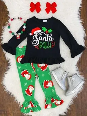 XMAS 2-Piece Toddler Girl Santa Baby Frilled Top Matching Bell Bottoms