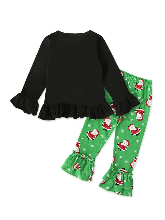 XMAS 2-Piece Toddler Girl Santa Baby Frilled Top Matching Bell Bottoms