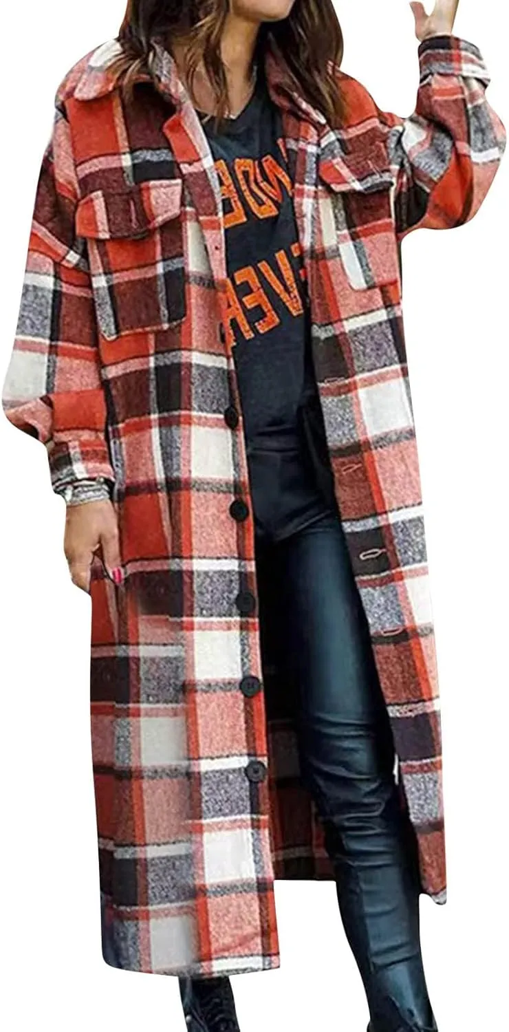 XUETON Women's Duster Trench Coat Casual Lightweight Thin Winter Wool Blend Warm Coat Cardigans Topcoat Outwear