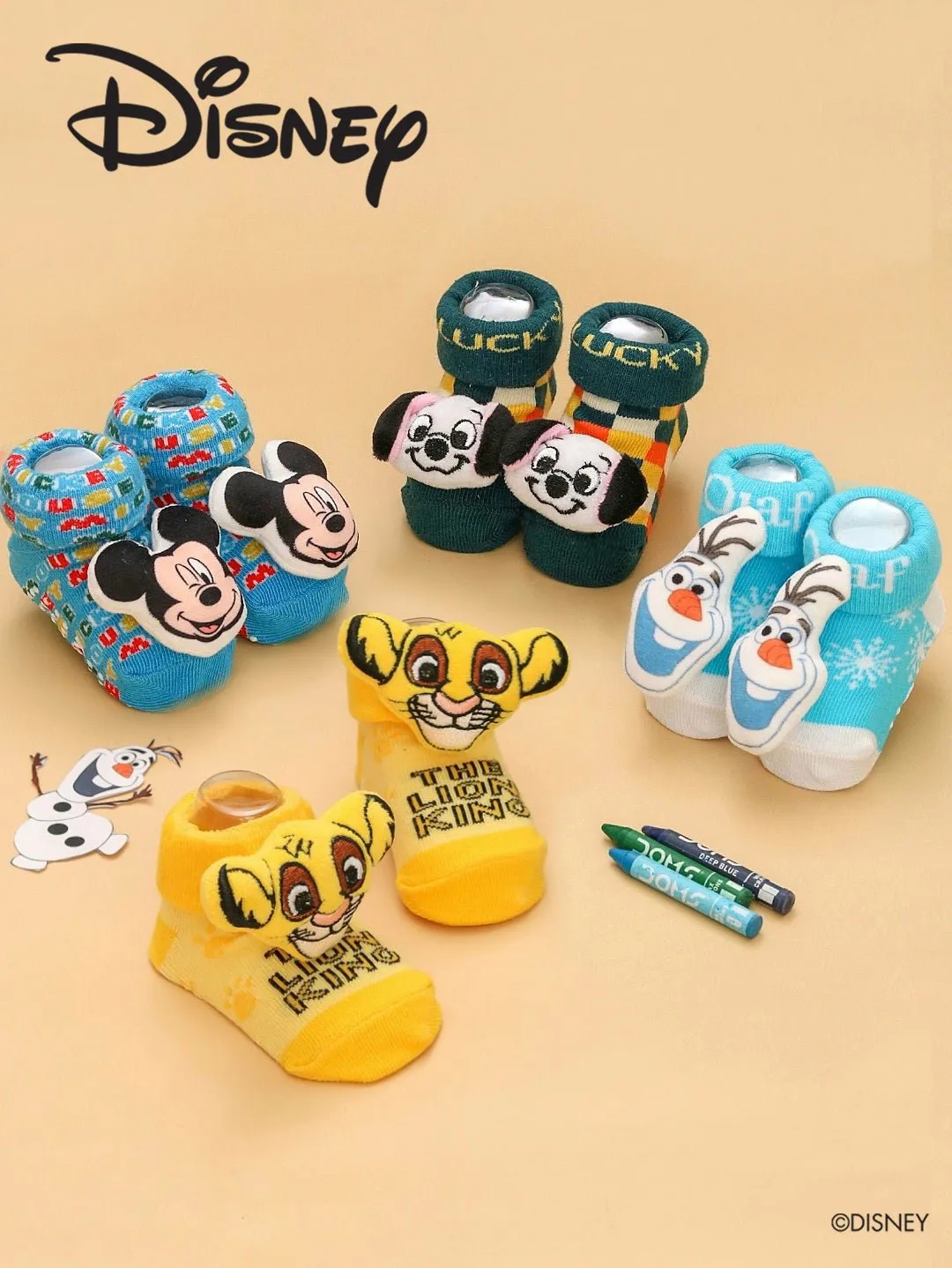 Yellow Bee Boys’ Disney 3D Socks Set – The Lion King, 101 Dalmatians Lucky Dog, Mickey Mouse, and Frozen Olaf