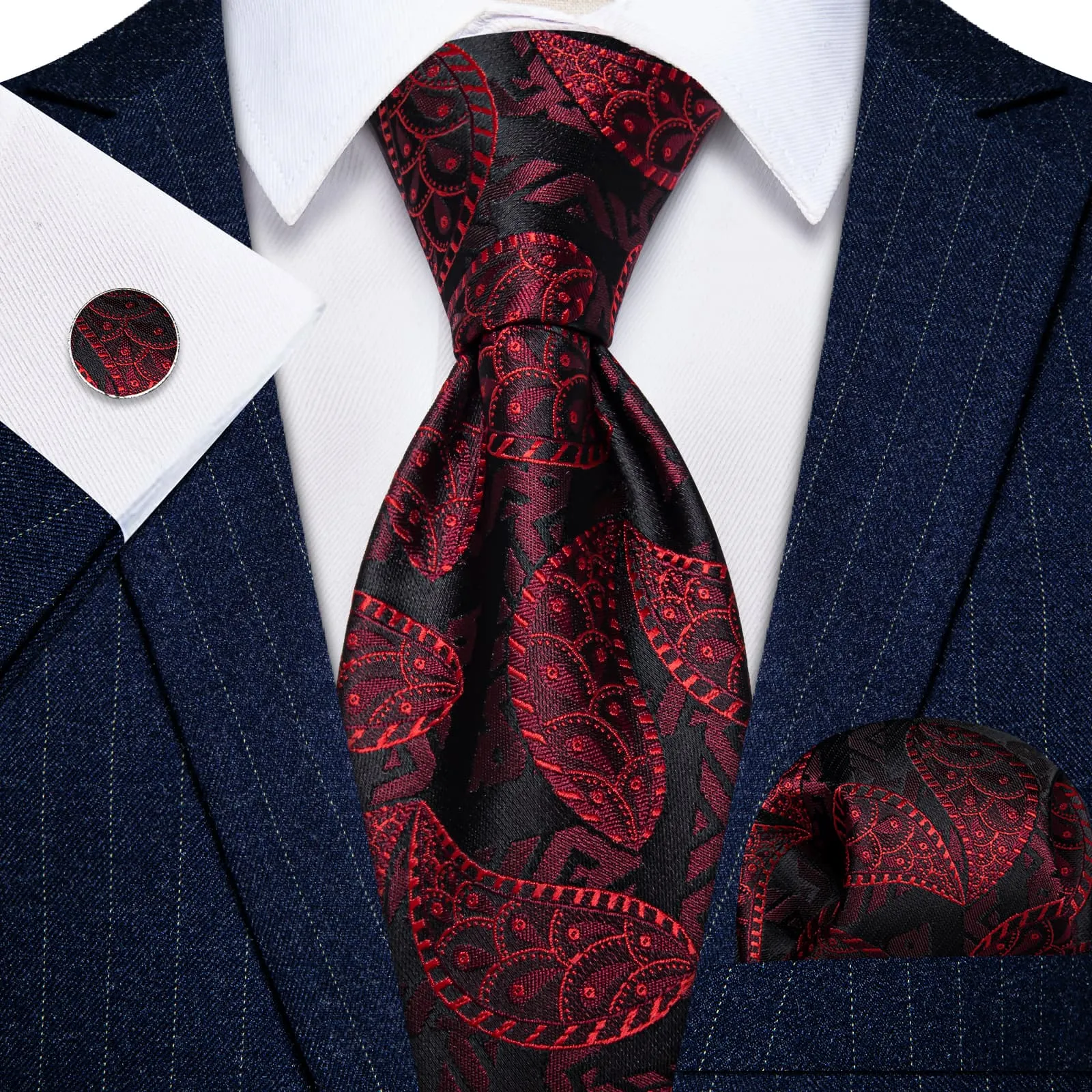 YourTies Black Red Paisley Jacquard Men's Necktie  Set with Metal Clip