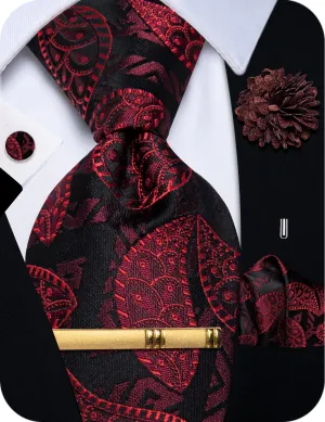 YourTies Black Red Paisley Jacquard Men's Necktie  Set with Metal Clip