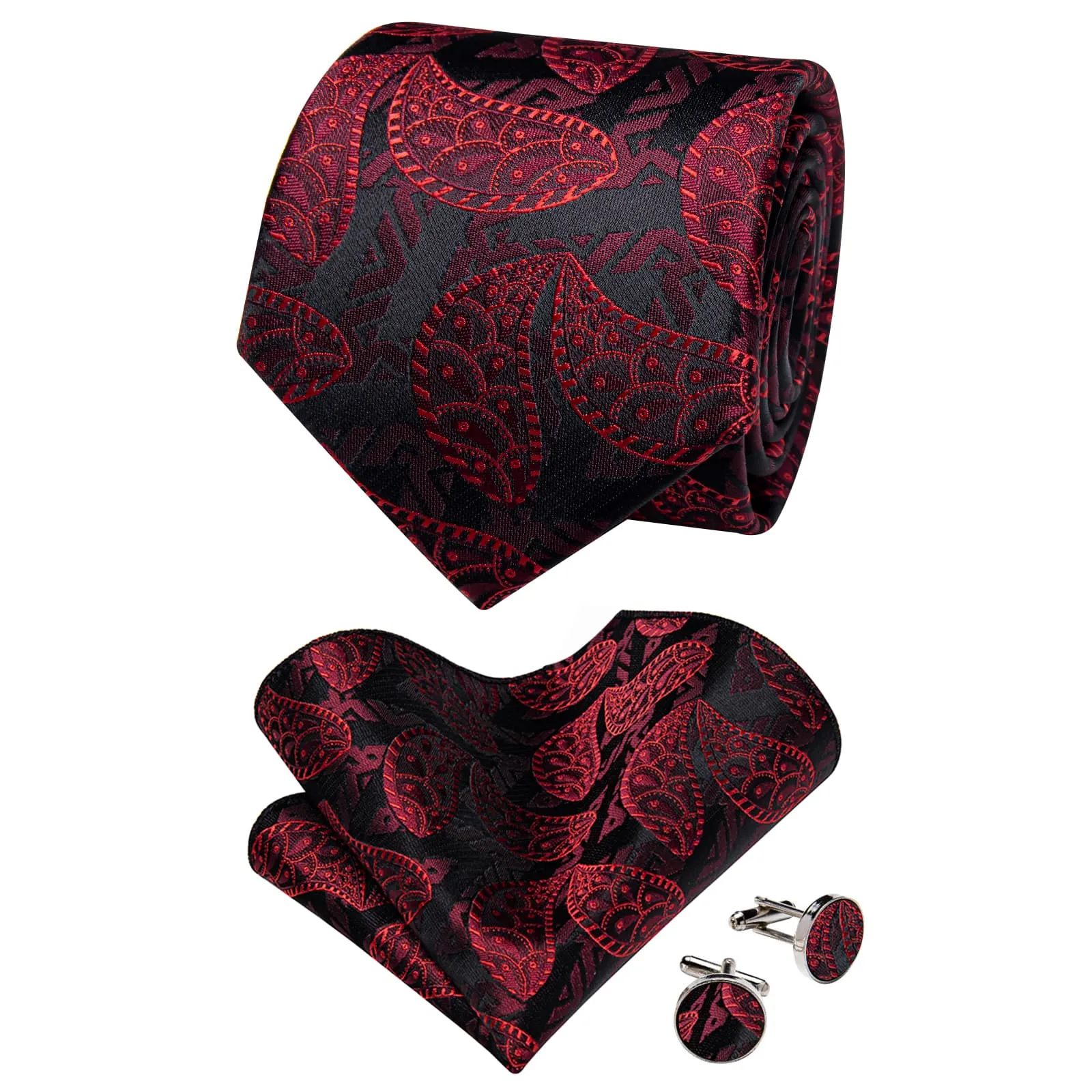YourTies Black Red Paisley Jacquard Men's Necktie  Set with Metal Clip