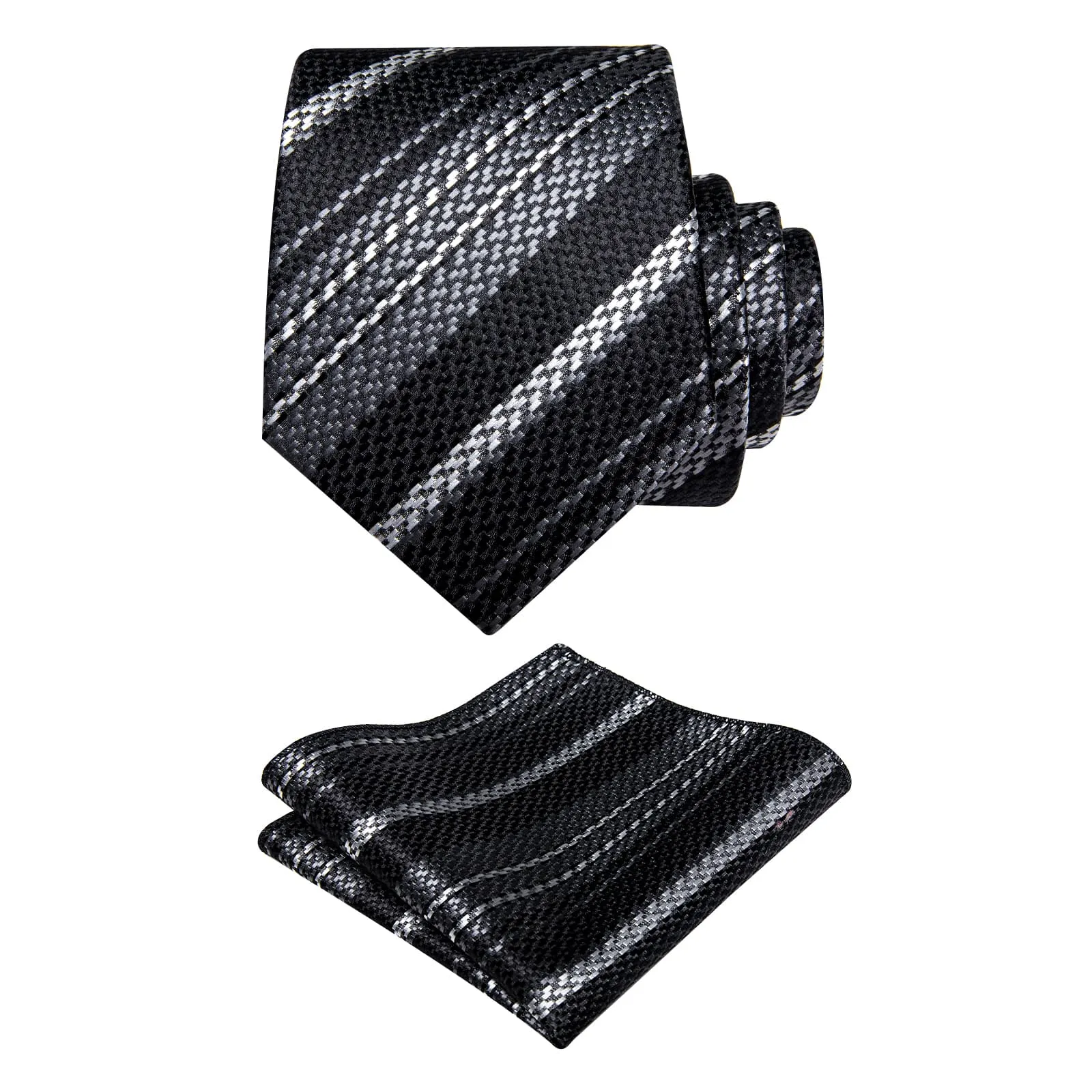 YourTies Black Tie White Woven Striped Tie Flower Brooch Set with Clip