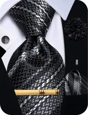 YourTies Black Tie White Woven Striped Tie Flower Brooch Set with Clip