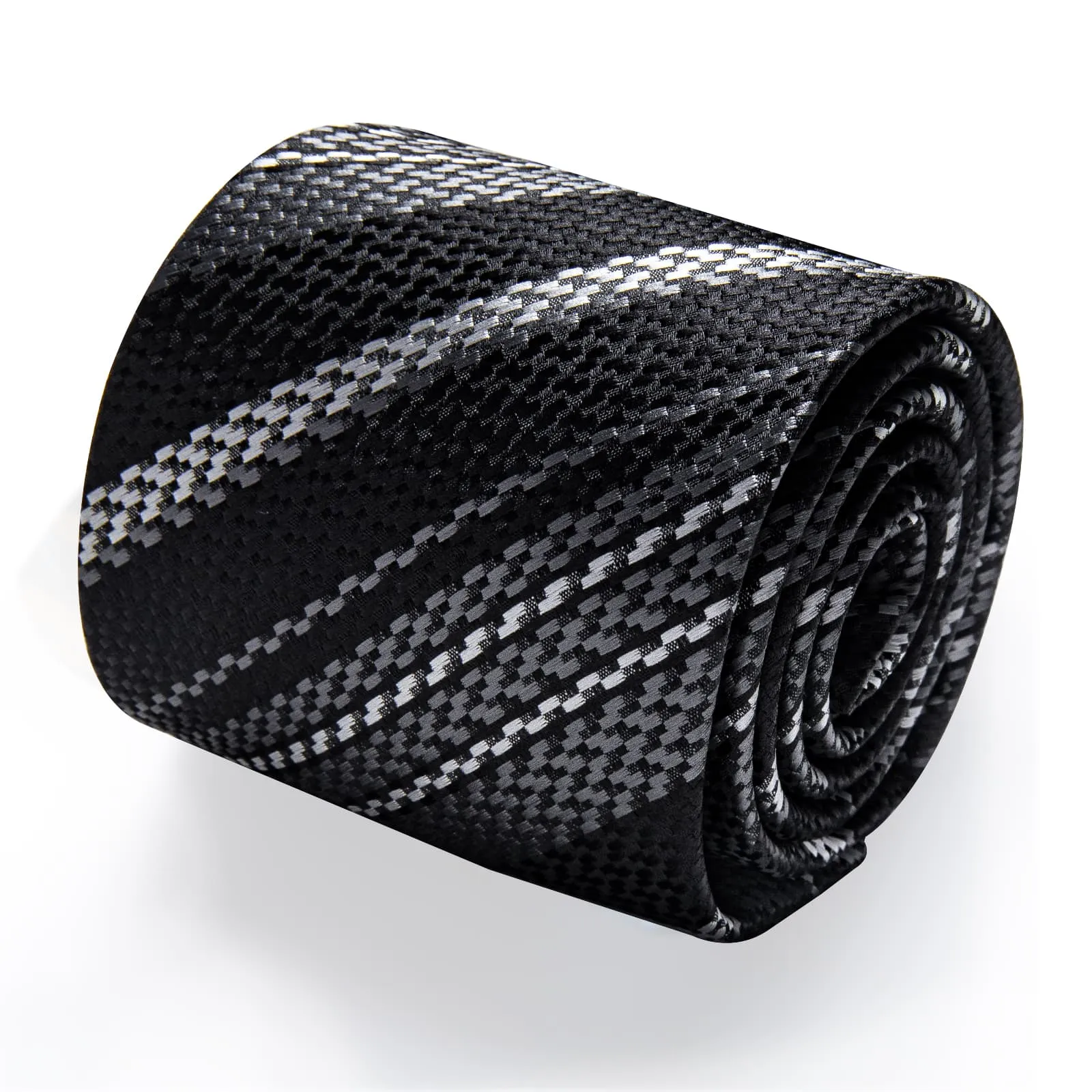 YourTies Black Tie White Woven Striped Tie Flower Brooch Set with Clip