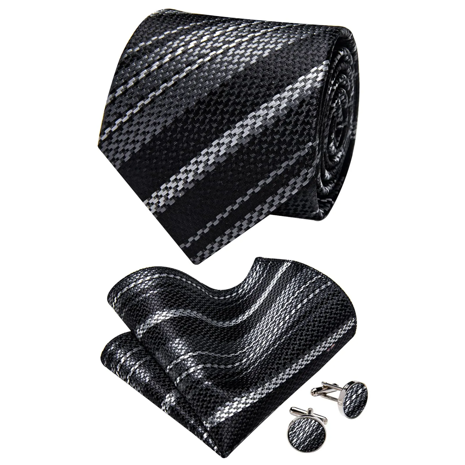 YourTies Black Tie White Woven Striped Tie Flower Brooch Set with Clip