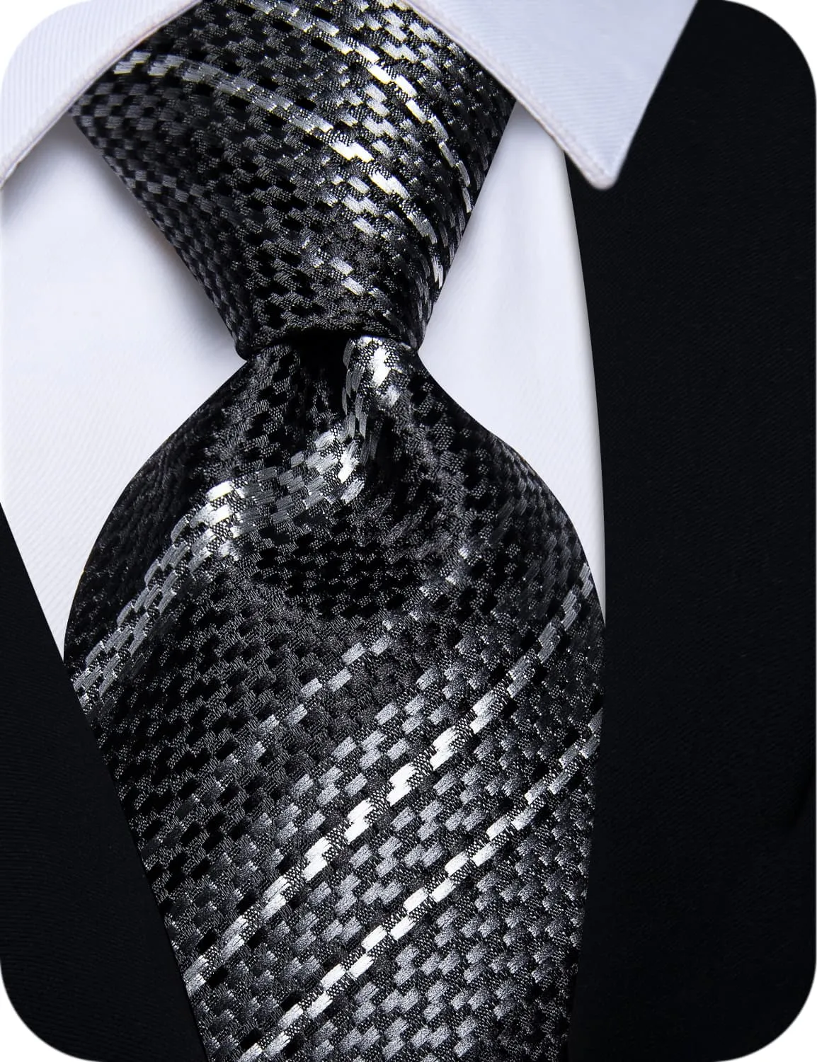 YourTies Black Tie White Woven Striped Tie Flower Brooch Set with Clip