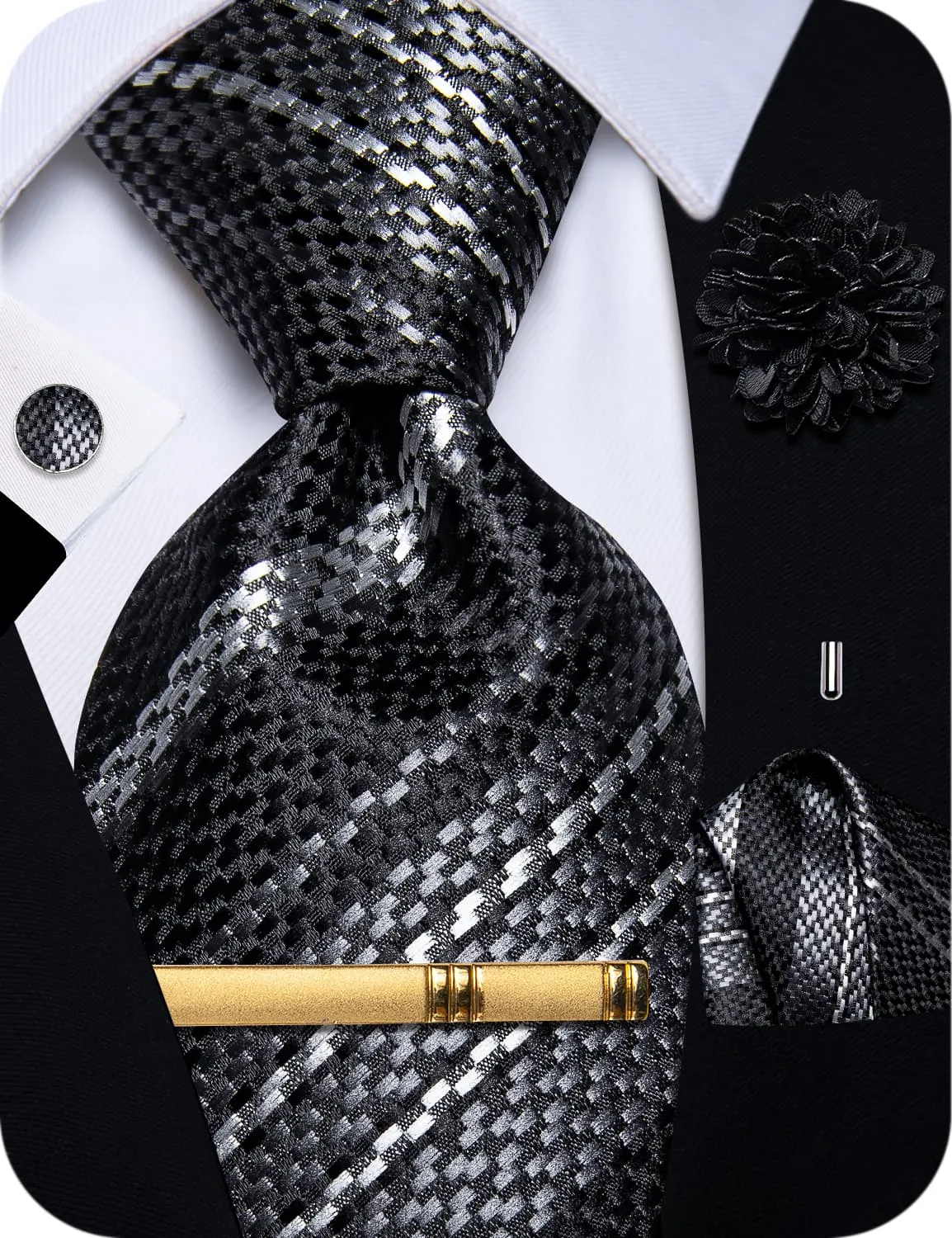 YourTies Black Tie White Woven Striped Tie Flower Brooch Set with Clip