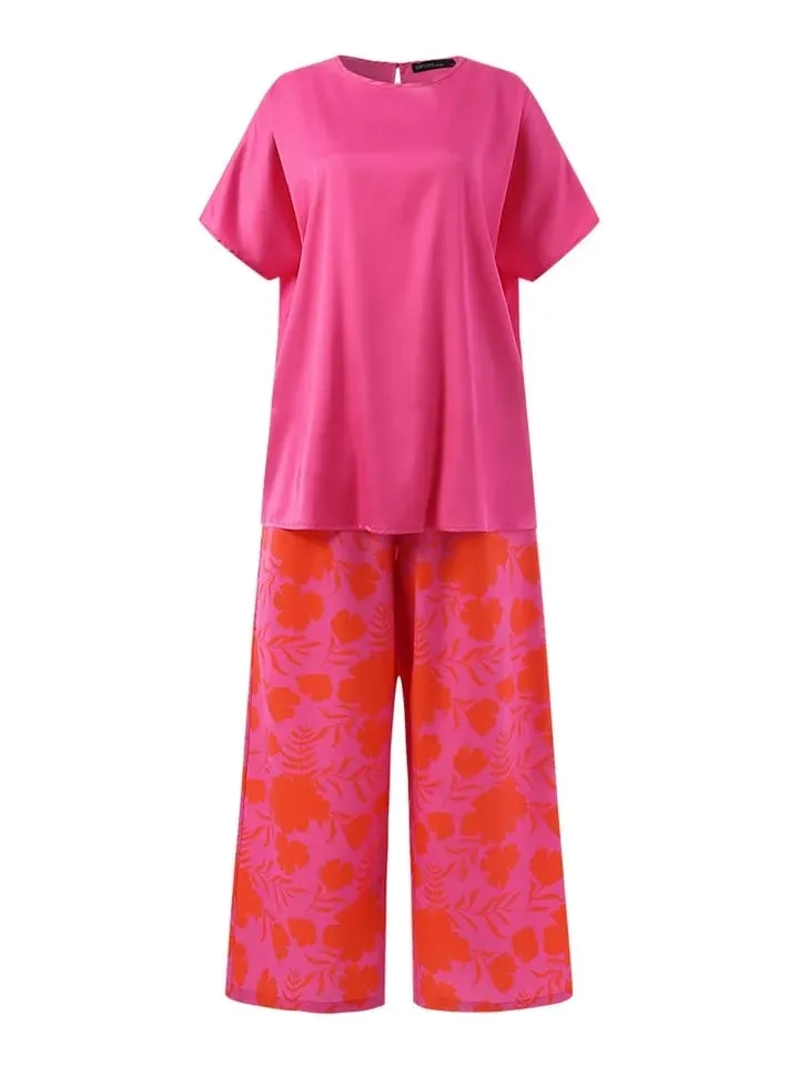 ZANZEA Casual Streetwear Women 2 Piece Set Elegant O-neck Short Sleeved Top With Print Long Pants Suit New Loose Homewear Outfit 4XL S4541872