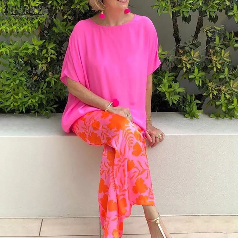 ZANZEA Casual Streetwear Women 2 Piece Set Elegant O-neck Short Sleeved Top With Print Long Pants Suit New Loose Homewear Outfit 4XL S4541872