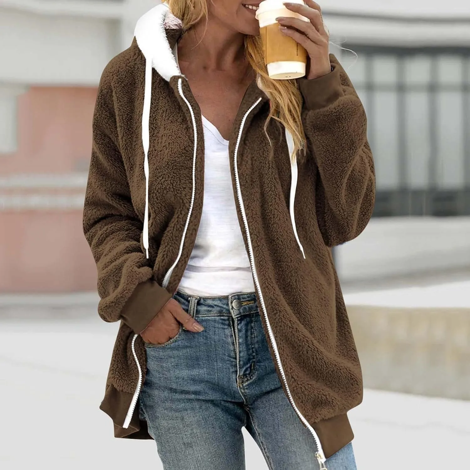 Zip Up Jacket Winter Loose Solid Color Artificial Wool Zipper Drawstring Long-Sleeved Hoodie Sweater Women'S Fall