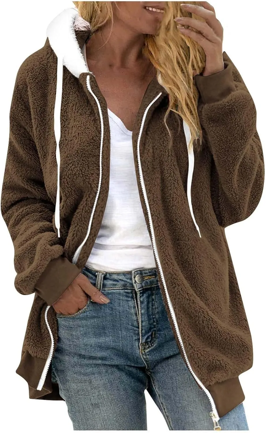 Zip Up Jacket Winter Loose Solid Color Artificial Wool Zipper Drawstring Long-Sleeved Hoodie Sweater Women'S Fall