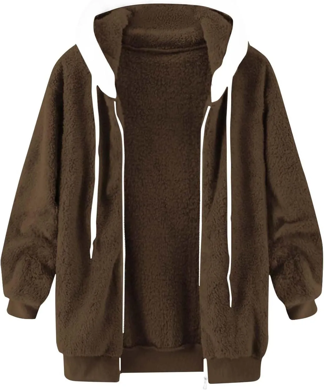 Zip Up Jacket Winter Loose Solid Color Artificial Wool Zipper Drawstring Long-Sleeved Hoodie Sweater Women'S Fall