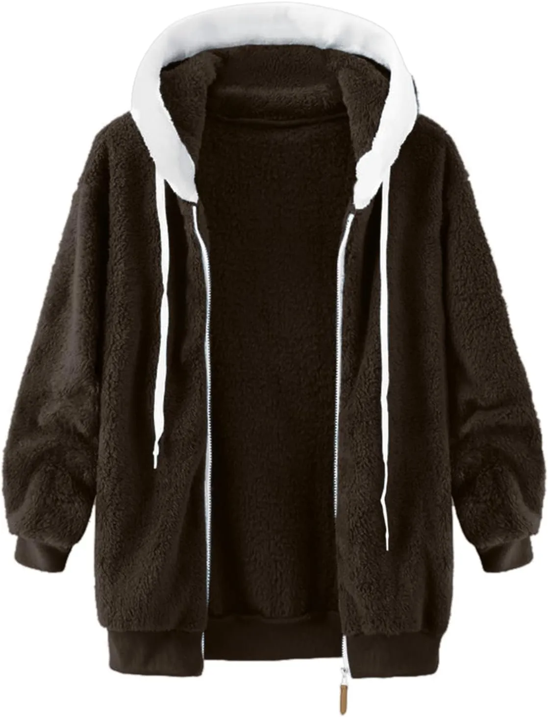 Zip Up Jacket Winter Loose Solid Color Artificial Wool Zipper Drawstring Long-Sleeved Hoodie Sweater Women'S Fall