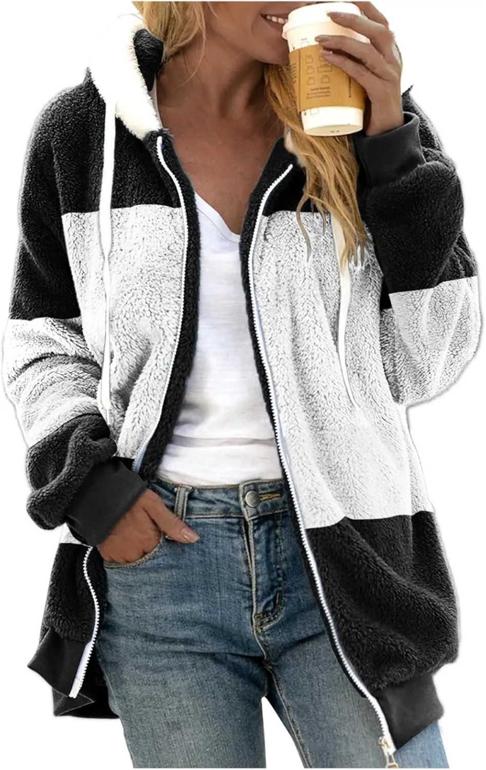 Zip Up Jacket Winter Loose Solid Color Artificial Wool Zipper Drawstring Long-Sleeved Hoodie Sweater Women'S Fall