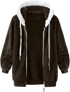 Zip Up Jacket Winter Loose Solid Color Artificial Wool Zipper Drawstring Long-Sleeved Hoodie Sweater Women'S Fall