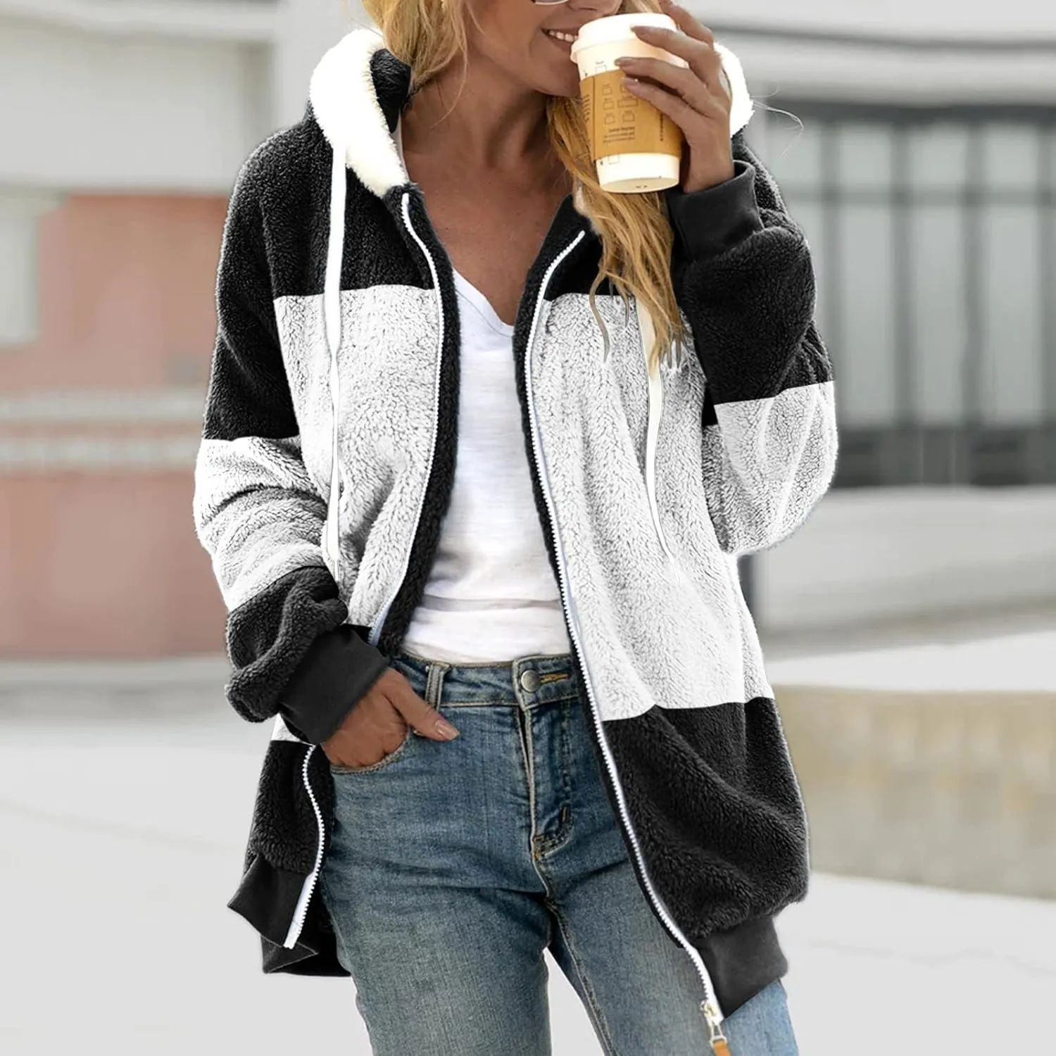 Zip Up Jacket Winter Loose Solid Color Artificial Wool Zipper Drawstring Long-Sleeved Hoodie Sweater Women'S Fall